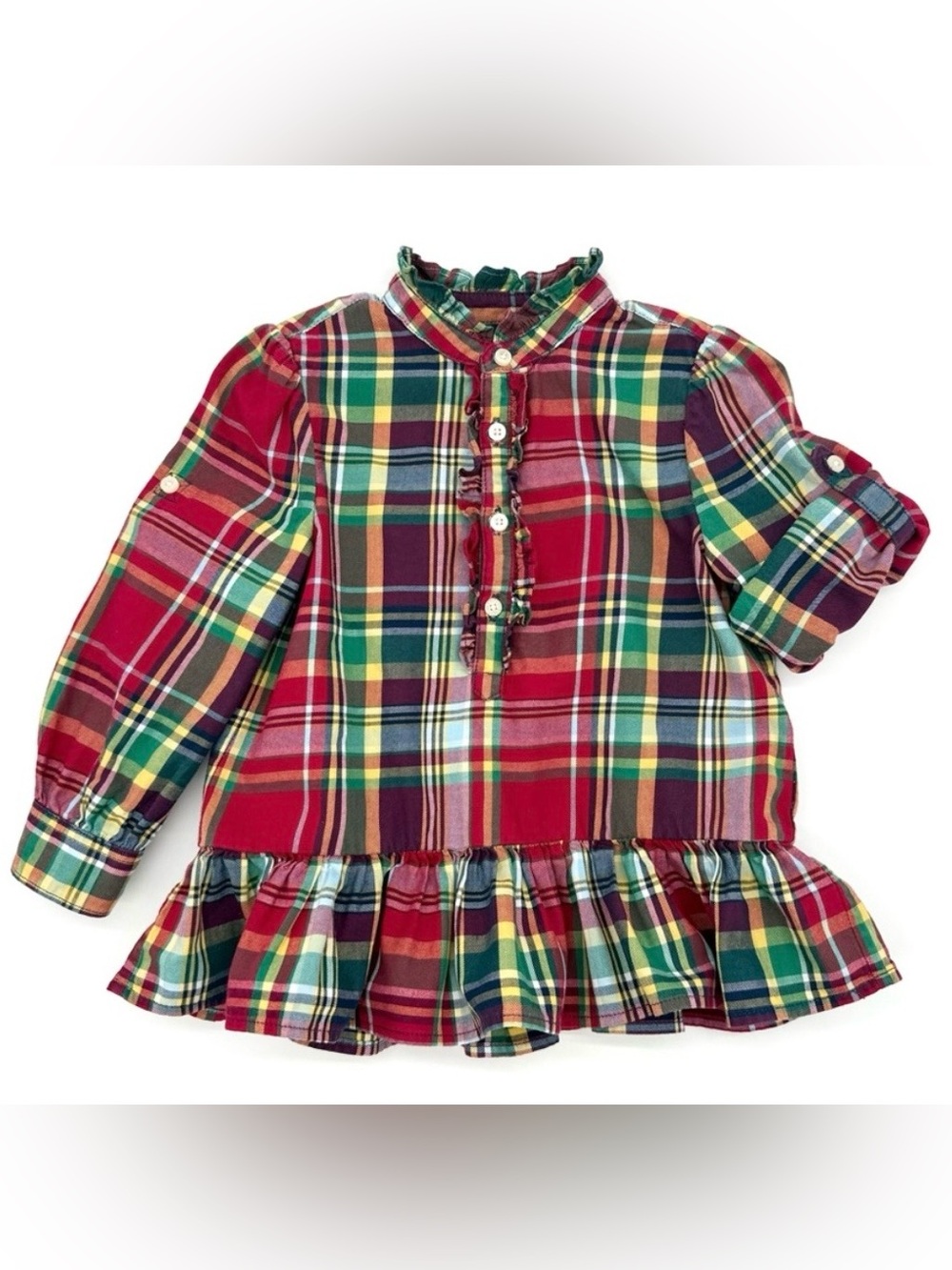 EUC Ralph Lauren Christmas Plaid Peplum Long Sleeve Tunic Top In Red & Green 24M